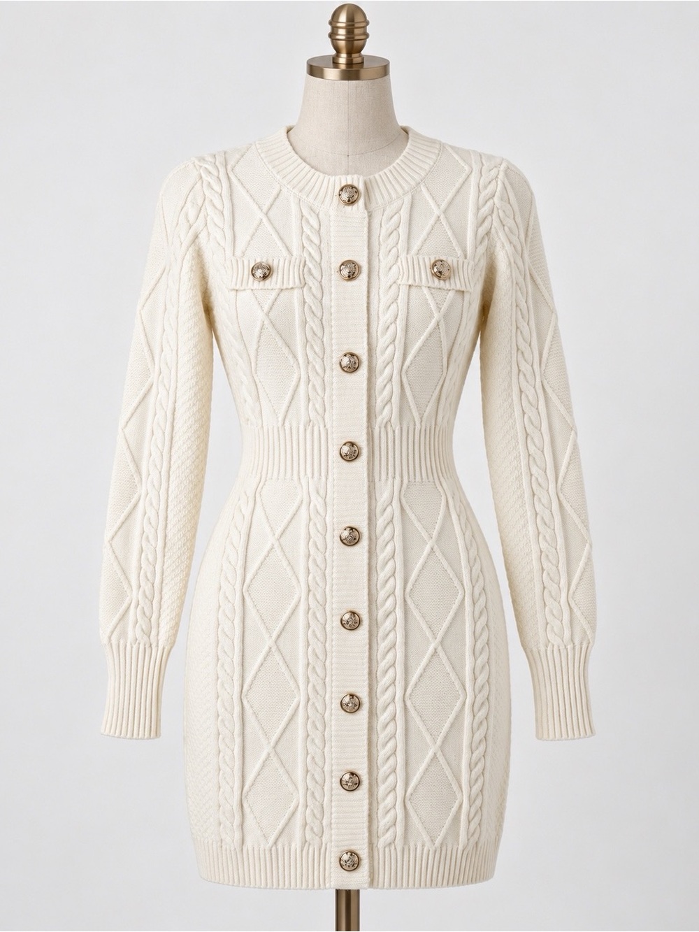 CIDER Woman Cream Cable Knit Gold Button Front Sweater Mini Dress SMALL Bodycon